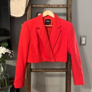Zara Linen Blend Red Cropped Blazer